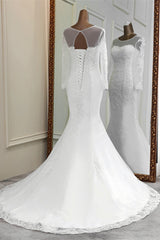 Elegant Jewel Long Sleeves White Mermaid Wedding Dresses with Rhinestone Applqiues-27dress