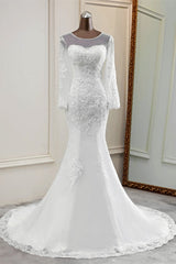 Elegant Jewel Long Sleeves White Mermaid Wedding Dresses with Rhinestone Applqiues-27dress