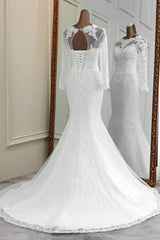 Elegant Jewel Long Sleeves White Mermaid Wedding Dresses with Rhinestone Online-27dress