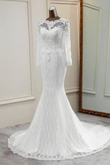 Elegant Jewel Long Sleeves White Mermaid Wedding Dresses with Rhinestone Online-27dress