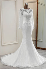 Elegant Jewel Long Sleeves White Mermaid Wedding Dresses with Rhinestone Online-27dress