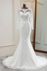 Elegant Jewel Long Sleeves White Mermaid Wedding Dresses with Rhinestone Online-27dress
