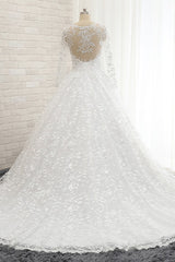 Elegant Jewel Longsleeves Lace Wedding Dresses White A-line Bridal Gowns With Appliques On Sale-27dress