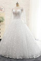 Elegant Jewel Longsleeves Lace Wedding Dresses White A-line Bridal Gowns With Appliques On Sale-27dress