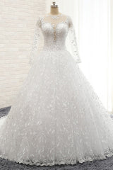 Elegant Jewel Longsleeves Lace Wedding Dresses White A-line Bridal Gowns With Appliques On Sale-27dress