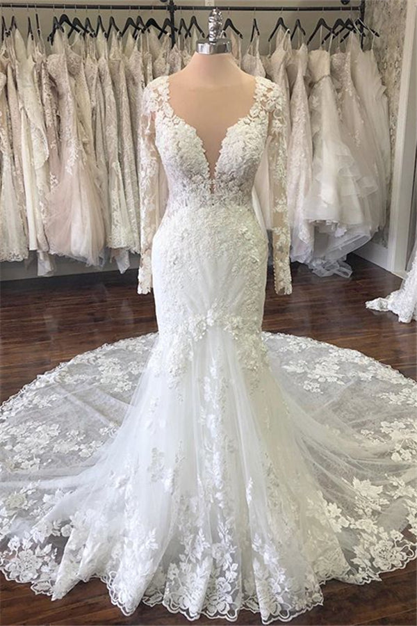 Elegant Jewel Longsleeves Mermaid Wedding Dresses Tulle Ruffles Lace Bridal Gowns With Appliques On Sale-27dress