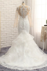 Elegant Jewel Mermaid Lace Wedding Dress Long Sleeves White Appliques Bridal Gowns On Sale-27dress