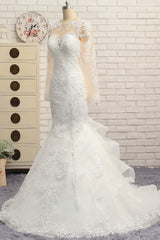 Elegant Jewel Mermaid Lace Wedding Dress Long Sleeves White Appliques Bridal Gowns On Sale-27dress