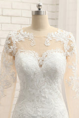 Elegant Jewel Mermaid Lace Wedding Dress Long Sleeves White Appliques Bridal Gowns On Sale-27dress