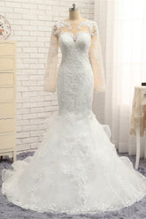 Elegant Jewel Mermaid Lace Wedding Dress Long Sleeves White Appliques Bridal Gowns On Sale-27dress