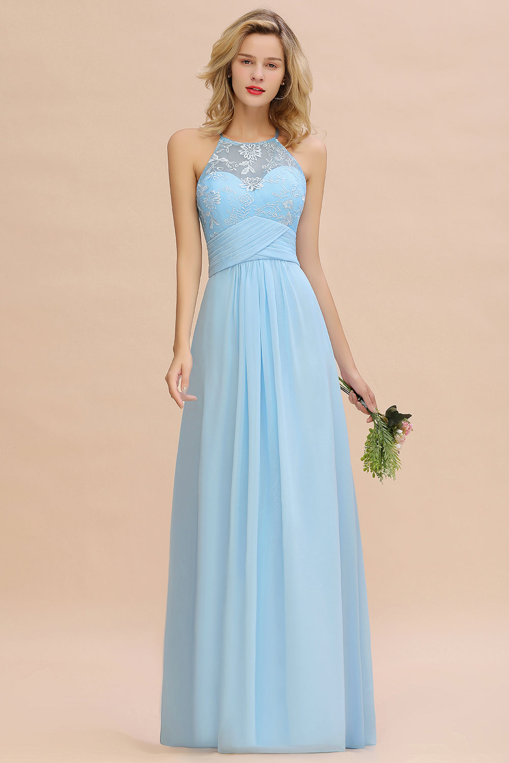 Elegant Jewel Ruffle Affordable Chiffon Bridesmaid Dress with Appliques-27dress