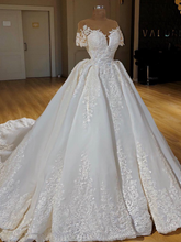 Elegant Jewel Shortsleeves A-line Wedding Dresses White Ruffles Lace Bridal Gowns With Appliques On Sale-27dress