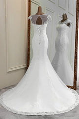 Elegant Jewel Sleeveless White Lace Mermaid Wedding Dresses with Rhinestone Appliques-27dress