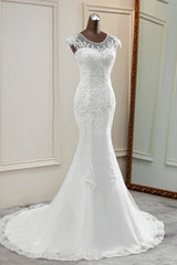 Elegant Jewel Sleeveless White Lace Mermaid Wedding Dresses with Rhinestone Appliques-27dress