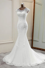 Elegant Jewel Sleeveless White Lace Mermaid Wedding Dresses with Rhinestone Appliques-27dress