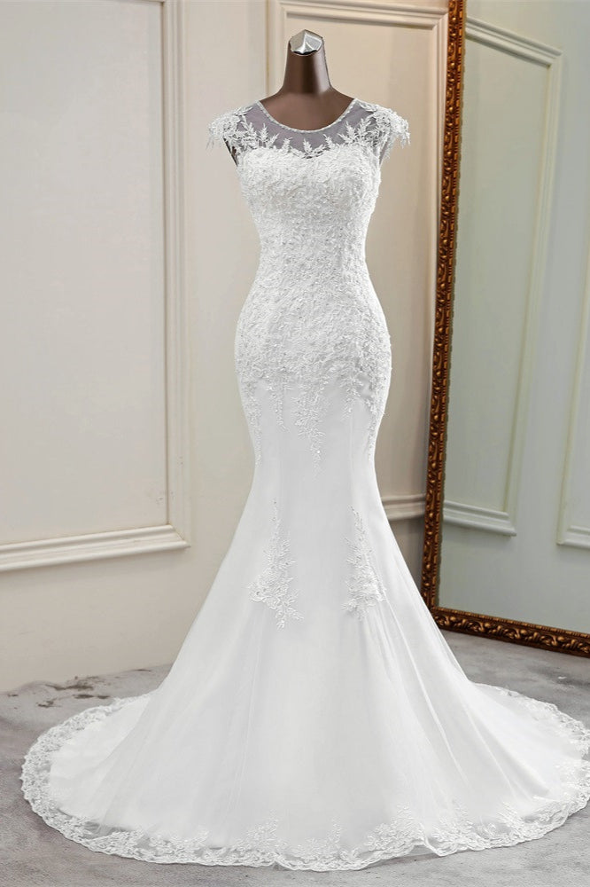 Elegant Jewel Sleeveless White Lace Mermaid Wedding Dresses with Rhinestone Appliques-27dress