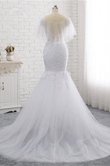 Elegant Jewel Sleeveless White Tulle Wedding Dress Mermaid Lace Beading Bridal Gowns On Sale-27dress