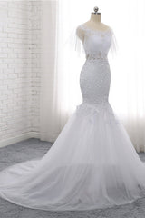 Elegant Jewel Sleeveless White Tulle Wedding Dress Mermaid Lace Beading Bridal Gowns On Sale-27dress