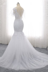 Elegant Jewel Sleeveless White Tulle Wedding Dress Mermaid Lace Beading Bridal Gowns On Sale-27dress