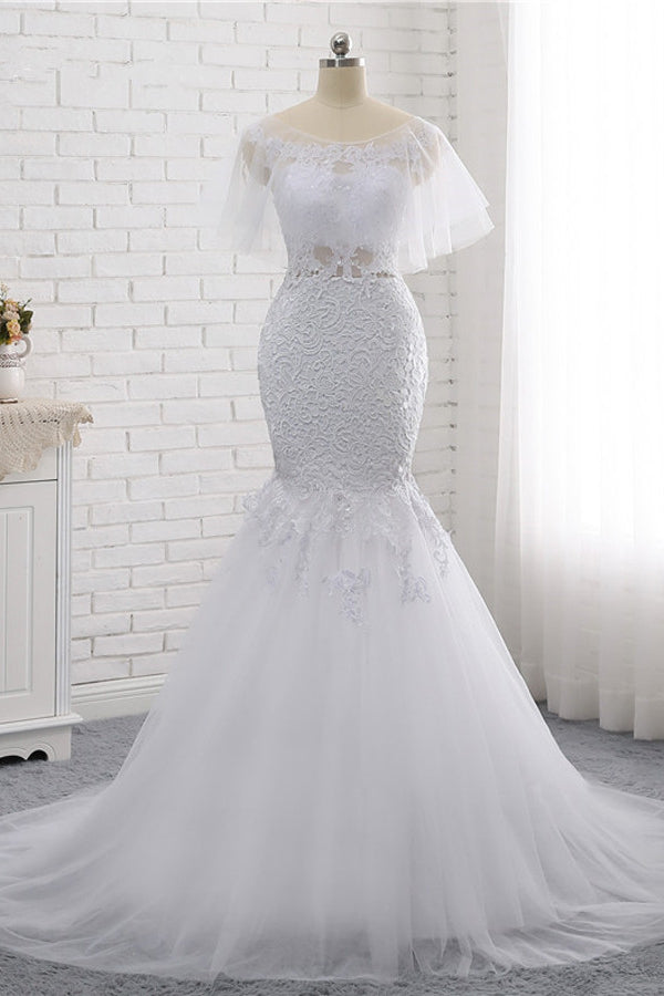 Elegant Jewel Sleeveless White Tulle Wedding Dress Mermaid Lace Beading Bridal Gowns On Sale-27dress