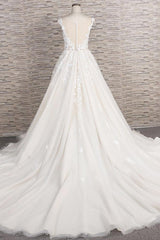 Elegant Jewel Straps A-line Wedding Dresses Champgne Tulle Bridal Gowns With Appliques On Sale-27dress