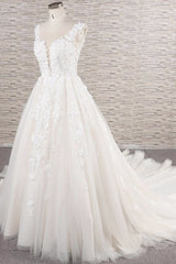 Elegant Jewel Straps A-line Wedding Dresses Champgne Tulle Bridal Gowns With Appliques On Sale-27dress