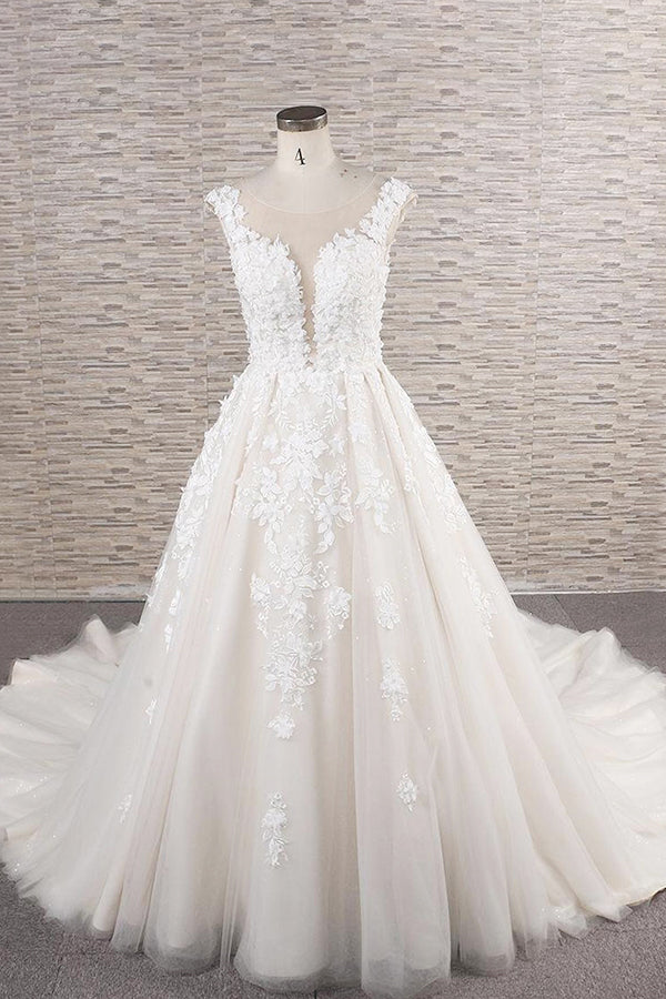 Elegant Jewel Straps A-line Wedding Dresses Champgne Tulle Bridal Gowns With Appliques On Sale-27dress