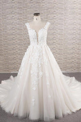 Elegant Jewel Straps A-line Wedding Dresses Champgne Tulle Bridal Gowns With Appliques On Sale-27dress