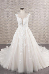 Elegant Jewel Straps A-line Wedding Dresses Champgne Tulle Bridal Gowns With Appliques On Sale-27dress