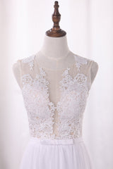 Elegant Jewel Tull Lace Wedding Dress Sleeveless Appliques Ruffles Bridal Gowns On Sale-27dress