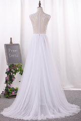 Elegant Jewel Tull Lace Wedding Dress Sleeveless Appliques Ruffles Bridal Gowns On Sale-27dress