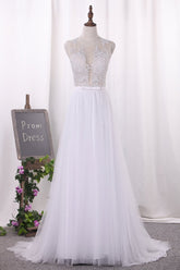 Elegant Jewel Tull Lace Wedding Dress Sleeveless Appliques Ruffles Bridal Gowns On Sale-27dress