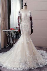 Elegant Jewel Tulle Lace Mermaid Wedding Dress Long Sleeves Appliques Bridal Gowns with Beadings On Sale-27dress