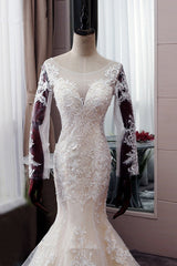 Elegant Jewel Tulle Lace Mermaid Wedding Dress Long Sleeves Appliques Bridal Gowns with Beadings On Sale-27dress
