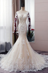 Elegant Jewel Tulle Lace Mermaid Wedding Dress Long Sleeves Appliques Bridal Gowns with Beadings On Sale-27dress