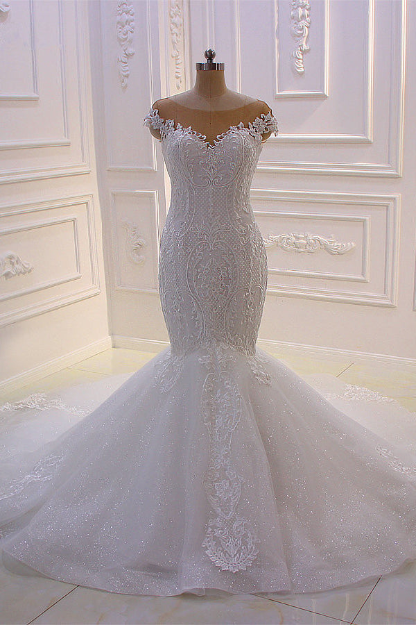Elegant Jewel Tulle Lace Sequined Wedding Dress Mermaid Appliques Sleeveless Bridal Gowns On Sale-27dress