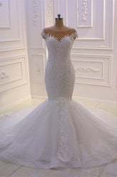 Elegant Jewel Tulle Lace Sequined Wedding Dress Mermaid Appliques Sleeveless Bridal Gowns On Sale-27dress