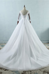 Elegant Jewel Tulle Lace Wedding Dress 3/4 Sleeves Appliques A-Line Bridal Gowns On Sale-27dress