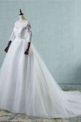 Elegant Jewel Tulle Lace Wedding Dress 3/4 Sleeves Appliques A-Line Bridal Gowns On Sale-27dress