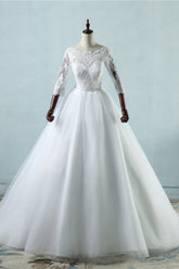 Elegant Jewel Tulle Lace Wedding Dress 3/4 Sleeves Appliques A-Line Bridal Gowns On Sale-27dress