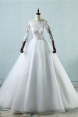 Elegant Jewel Tulle Lace Wedding Dress 3/4 Sleeves Appliques A-Line Bridal Gowns On Sale-27dress