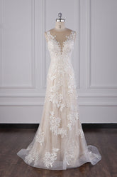 Elegant Jewel Tulle Lace Wedding Dress Appliques Sleeveless Mermaid Bridal Gowns Online-27dress