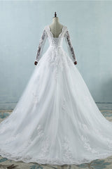 Elegant Jewel Tulle Lace Wedding Dress Long Sleeves Appliques A-Line Bridal Gowns On Sale-27dress