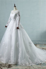 Elegant Jewel Tulle Lace Wedding Dress Long Sleeves Appliques A-Line Bridal Gowns On Sale-27dress