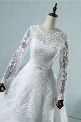 Elegant Jewel Tulle Lace Wedding Dress Long Sleeves Appliques A-Line Bridal Gowns On Sale-27dress