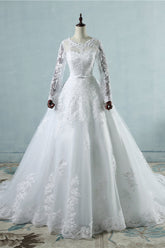 Elegant Jewel Tulle Lace Wedding Dress Long Sleeves Appliques A-Line Bridal Gowns On Sale-27dress