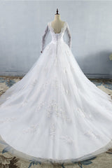 Elegant Jewel Tulle Lace Wedding Dress Long Sleeves Appliques Sequins Bridal Gowns On Sale-27dress