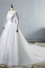 Elegant Jewel Tulle Lace Wedding Dress Long Sleeves Appliques Sequins Bridal Gowns On Sale-27dress