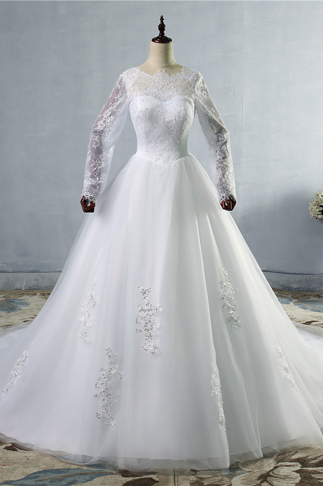 Elegant Jewel Tulle Lace Wedding Dress Long Sleeves Appliques Sequins Bridal Gowns On Sale-27dress