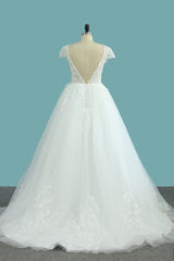 Elegant Jewel Tulle Lace Wedding Dress Short Sleeves Appliques Ruffles Bridal Gowns Online-27dress
